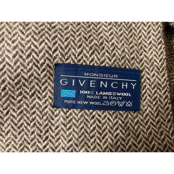 VTG Givenchy Italy Fringed Scarf Brown Herringbone Lambswool Britishcore - Picture 3 of 3